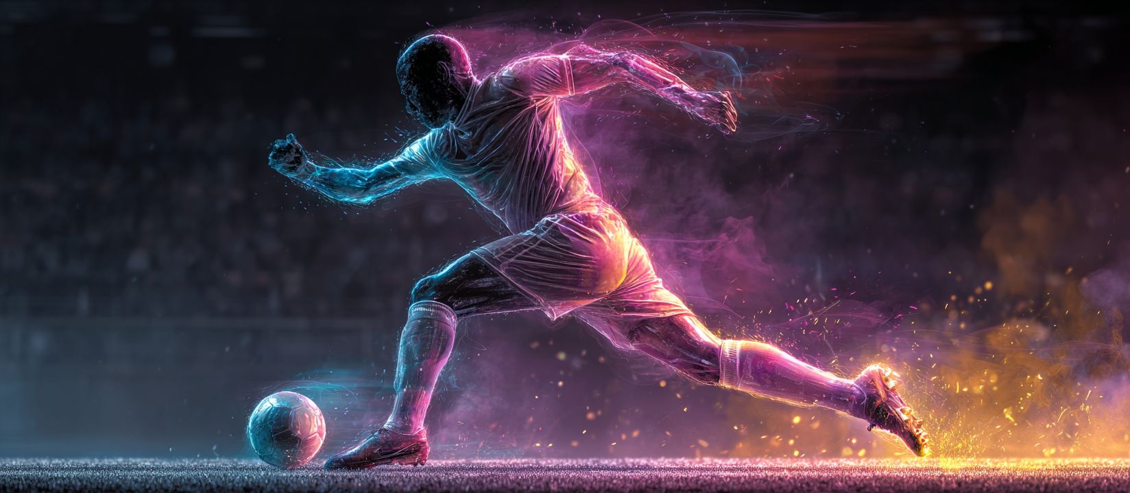 Footballer in a flamboyant style delivers a powerful strike to the ball, transmitting the energy of football betting at 555IQ online casino