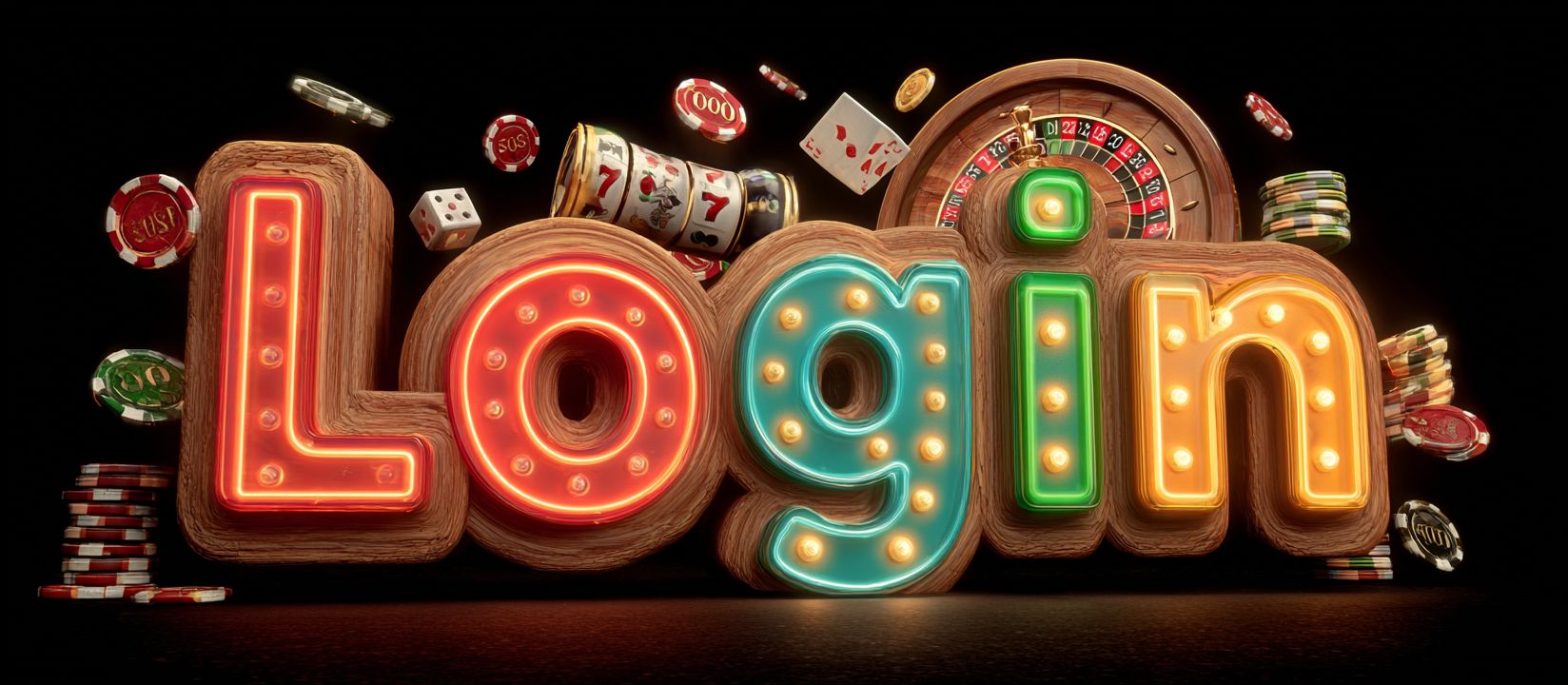 Neon sign Login with chips, roulette and slots, symbolizing the login to 555IQ online casino