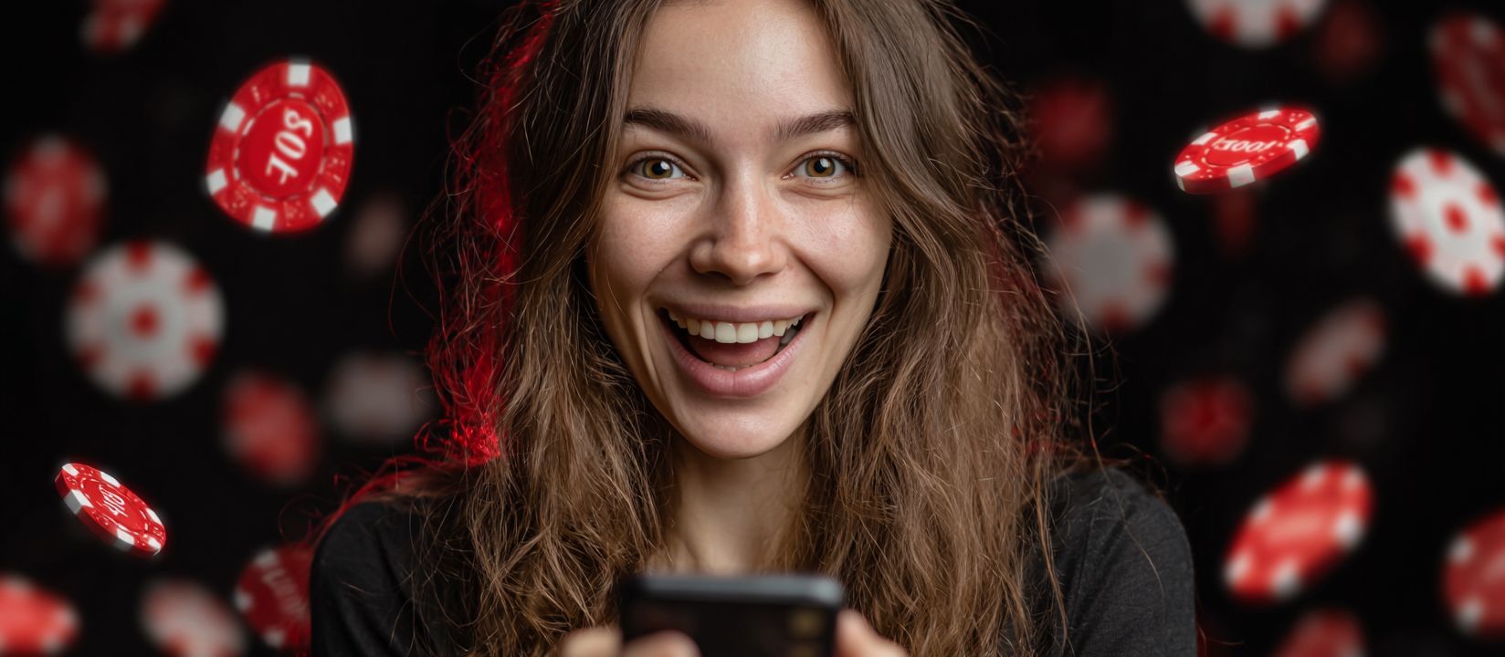 A happy girl with a phone against the background of flying chips, conveying emotions from logging into the 555IQ account