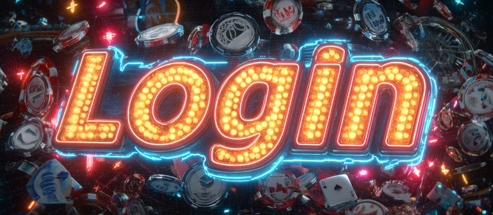 Bright neon sign Login with game chips and cards, symbolizing the login to 555IQ