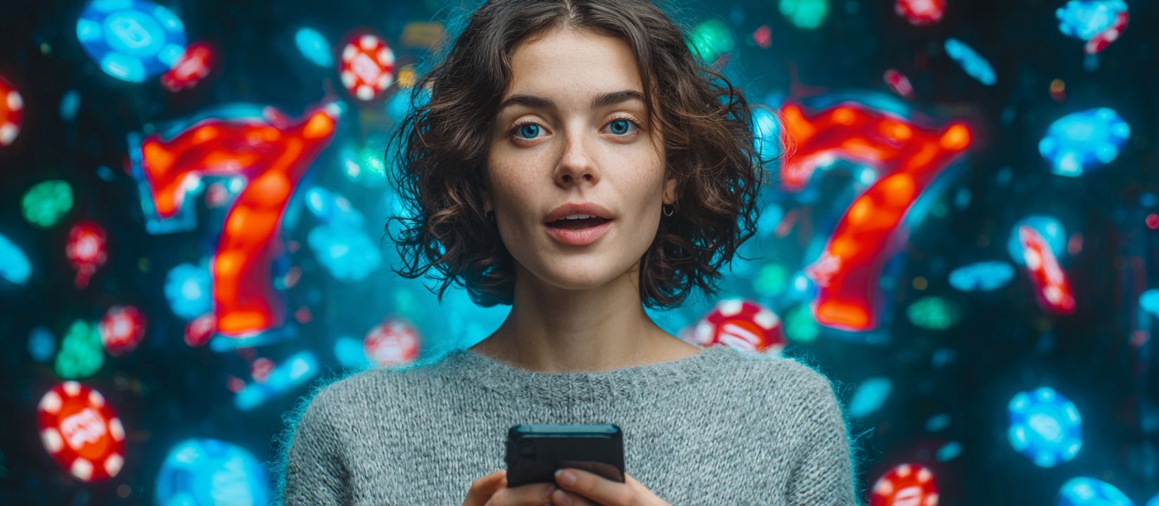 Girl with phone against background of bright sevens and chips, plays slots in 555IQ app