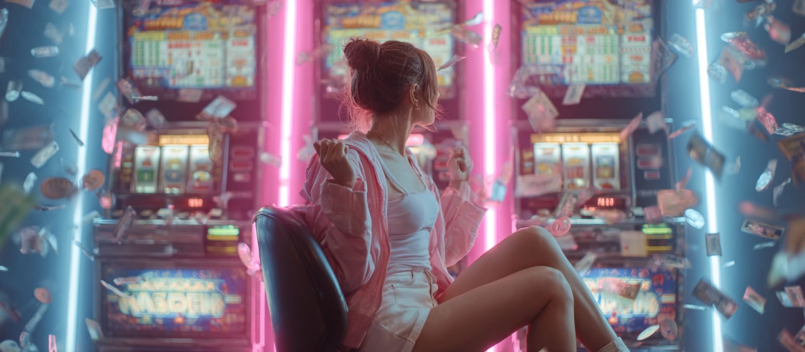 555IQ slots player enjoys winning among neon slot machines and flying bills