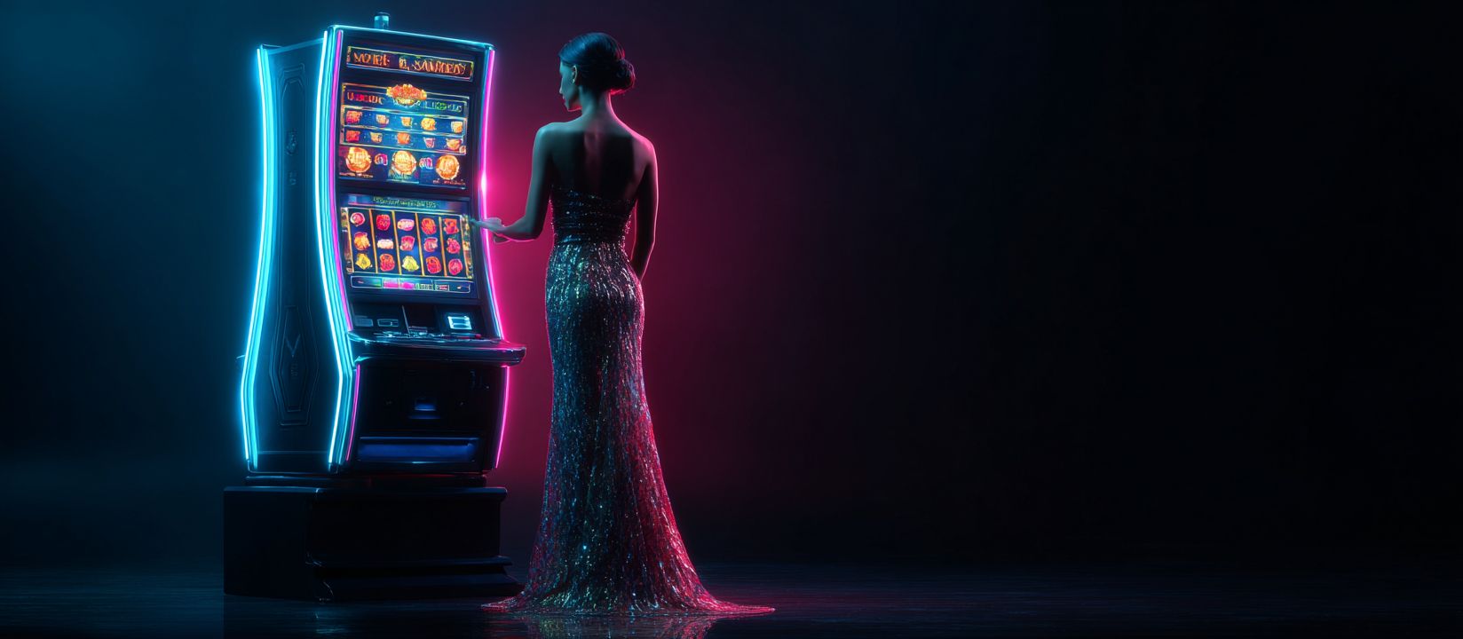 Elegant woman in evening dress plays glowing slot at 555IQ online casino